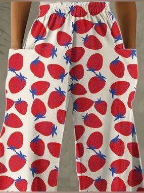 Wide Leg Strawberry Print Pants Women XXL